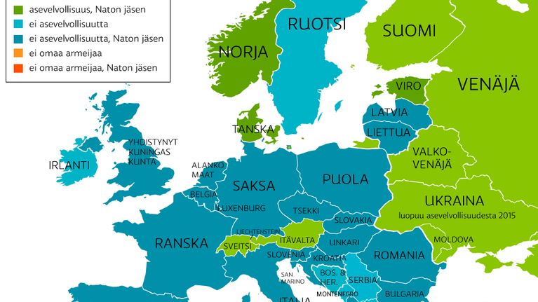 Suuri osa Euroopan maista on luopunut asevelvollisuudesta ja kuuluu sotilasliitto NATOon.