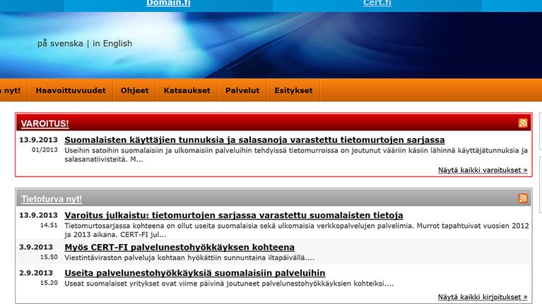 Kuvakaappus cert.fi-sivuston tietomurtovaroituksesta.