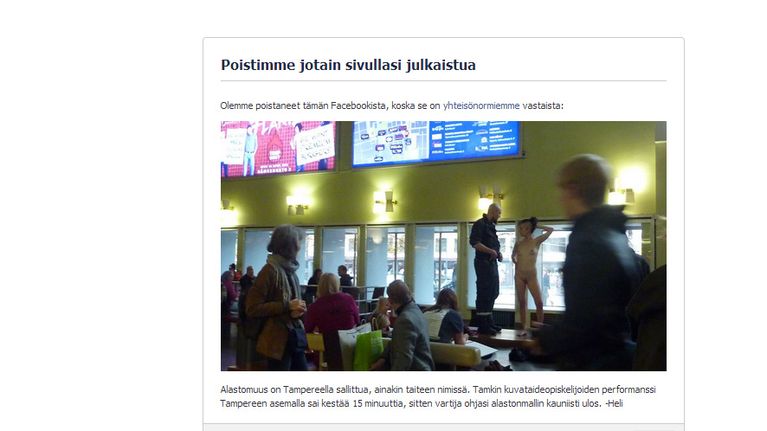 Kuvakaappaus Facebookista poistetusta taideperformanssin kuvasta 