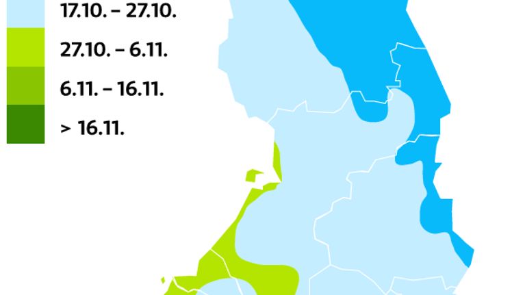 Suomen kartta, johon on alueittain merkitty ensilumen keskimääräiset satamisajankohdat
