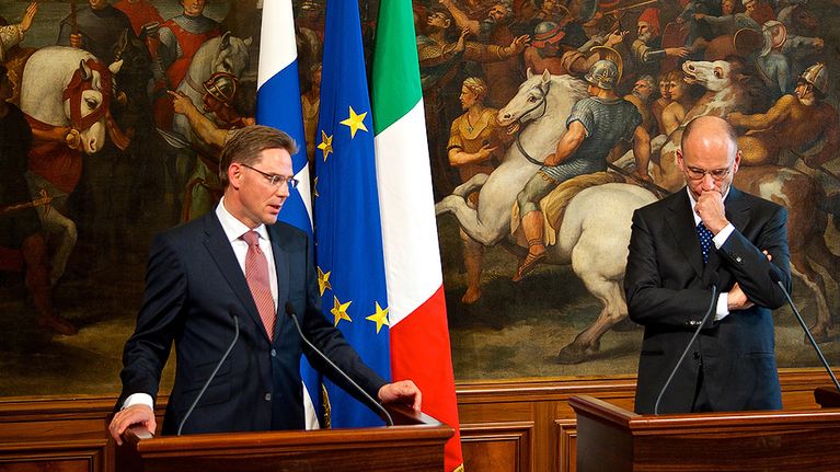 Suomen pääministeri Jyrki Katainen ja Italian pääministeri Enrico Letta lehdistötilaisuudessa.