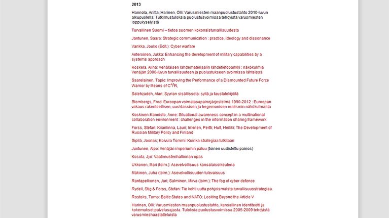 Lista maanpuolustuskorkeakoun verkkosivuilla julkaistuista tutkimuksista. Kuvankaappaus on otettu sunnuntaiaamuna 27. lokakuuta. 