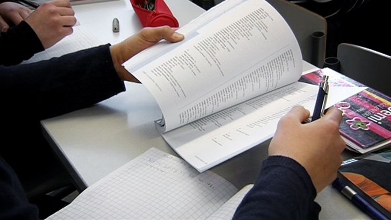 Koululainen selaa kirjaa tukiopetuksessa.