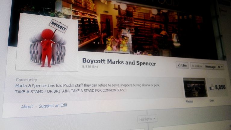 Kuvakaappaus facebookissa olevasta Boycott Marks and Spencer -ryhmästä.