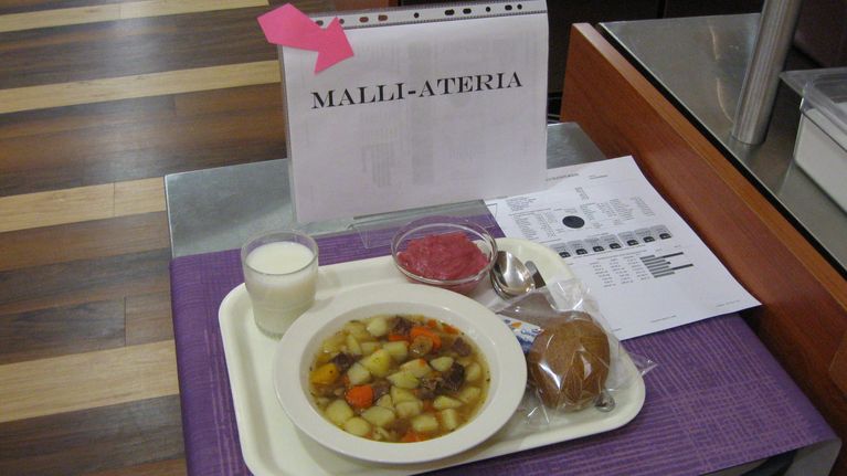 Kouluruokamalli tarjottimella. Keitto, maito, sämpylä, voinappi ja jälkiruokapuuro.