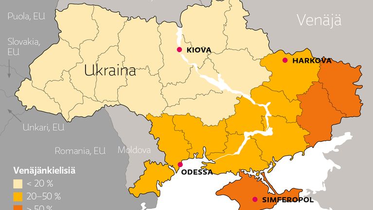 Ukrainan venäjäkielisten osuus vuoden 2001 väestönlaskennan mukaan.