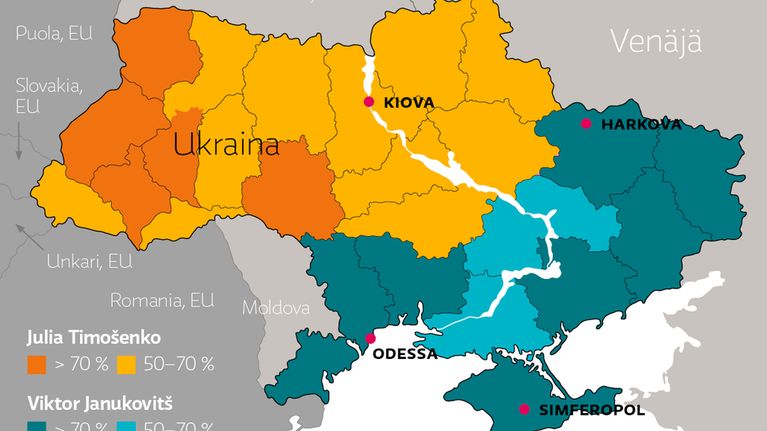 2010 Ukrainan vaalituloksen jakautuminen Julia Timošenkon ja Viktor Janukovitšin välillä.