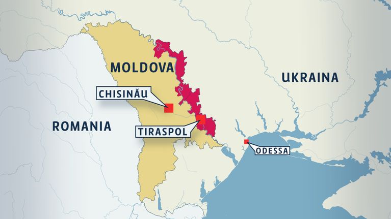 Moldovan kartta, johon ovat merkitty pääkaupunki Chișinău sekä Tiraspol. Karttaan ovat merkitty myös naapurimaat Romania ja Ukraina.