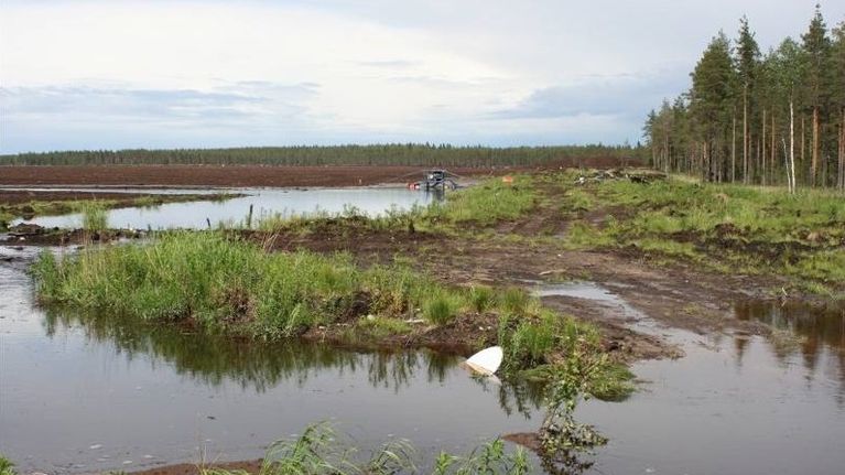 Vesi valuu turpeennostosuon tulvapadon yli ukkoskuuron jälkeen. Kuva on osa SLL:n keräämää aineistoa.