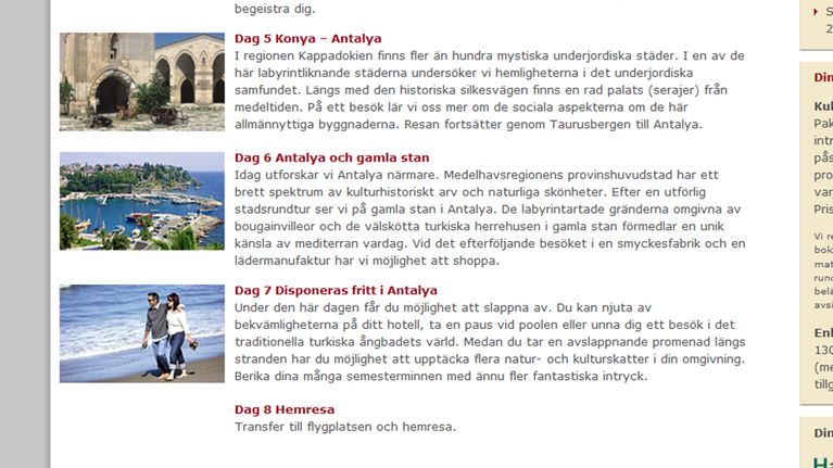 Kuvankaappaus TSS:n matkasivuilta, jossa esitellään Turkin kiertomatkan Antalaya-osuutta.