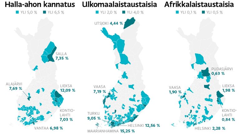 Jussi Halla-ahon (ps.) kannatus eurovaaleissa 2014, ulkomaalaistaustaisten ja afrikkalaistaustaisten määrä.