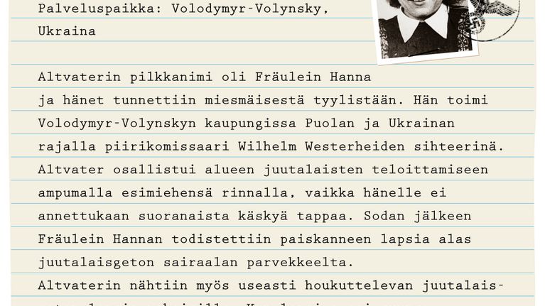 Henkilökortti: Johanna Altvater, sihteeri. Kotipaikka Miden, Westfalen. Palveluspaikka Volodymyr-Volynsky, Ukraina. 