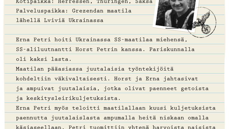 Erna Petri (os. Kürbs), Kotipaikka: Herressen, Thüringen, Saksa. Palveluspaikka: Grezendan maatila lähellä Lviviä Ukrainassa. 
