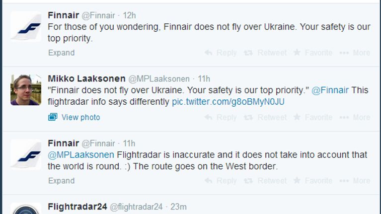 Finnair twitter exchange following the loss of flight MH17