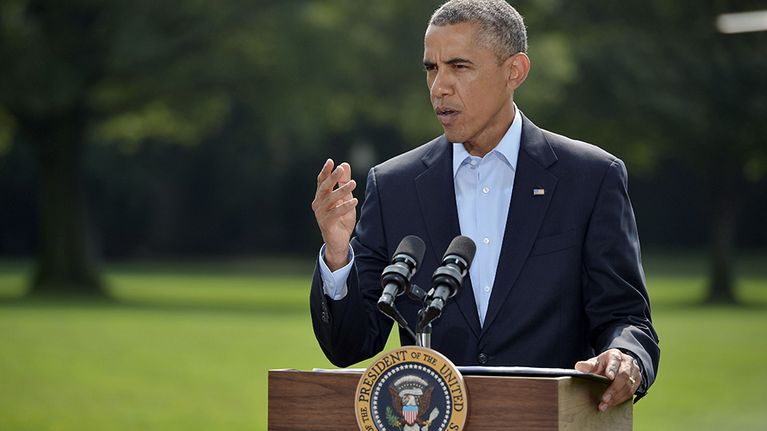 Yhdysvaltain presidentti Barack Obama puhui mm. Irakin tilanteesta Valkoisen talon edustalla ennen lomalleen lähtöä 9. elokuuta.
