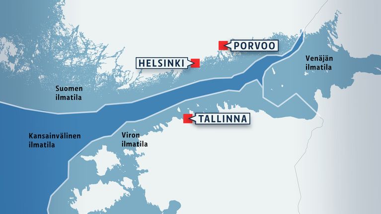 Kartta Suomen, Viron, Venäjän ja kansainvälisestä ilmatilasta Suomenlahdella.