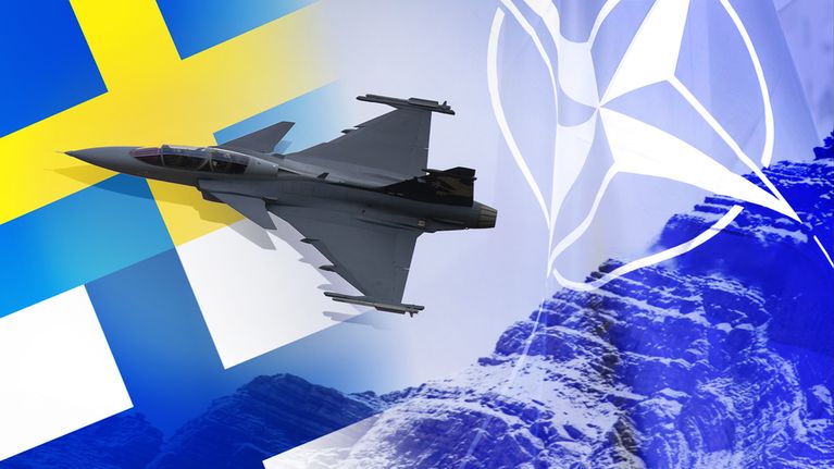 Suomen ja ruotsin ja naton lippuja.