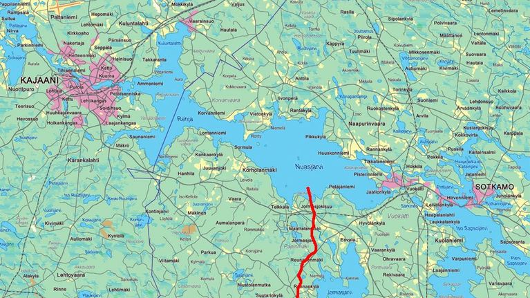 Nuasjärveen suunnitellun purkuputken sijainti kartalla.