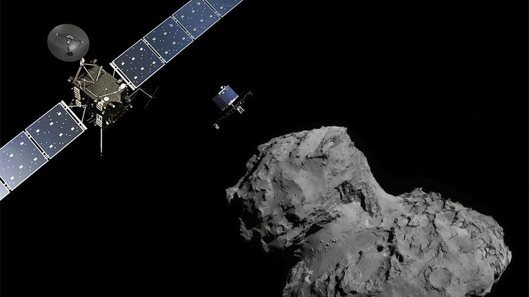 Piirroskuva Rosettasta ja siitä irtautuneesta Philae-laskeutujasta matkalla kohti Tshurjumov-Gerasimenko-komeettaa.