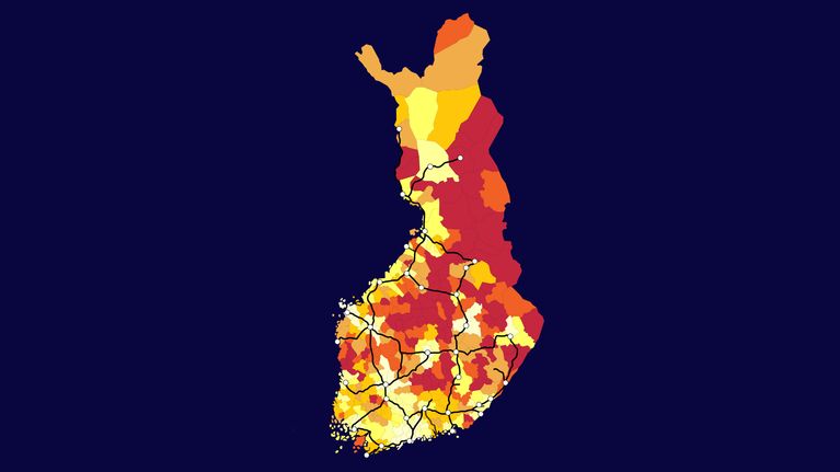 Mitä vaaleampi kunta, sitä omavaraisempi ja mitä punaisempi kunta, sitä riippuvaisempi muusta Suomesta. Mustalla näkyvät nykyiset rautatieväylät. Parhaiten menestyvät kunnat ovat junareittien varrella.