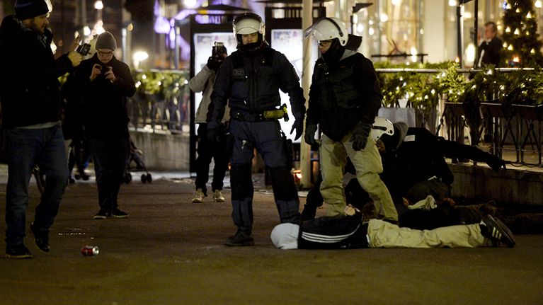 Poliisit ottivat kiinni Luokkaretki lähiöstä linnaan -mielenosoittajan Helsingissä itsenäisyyspäivänä 6.12.2014.