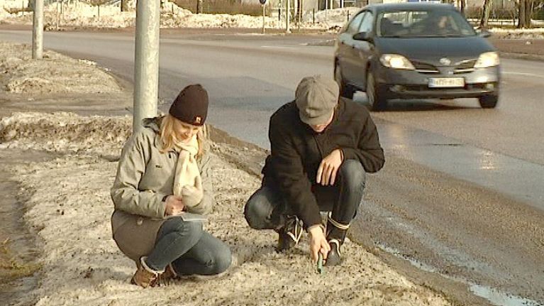 Opiskelijat keräävät luminäytteitä tien varresta.