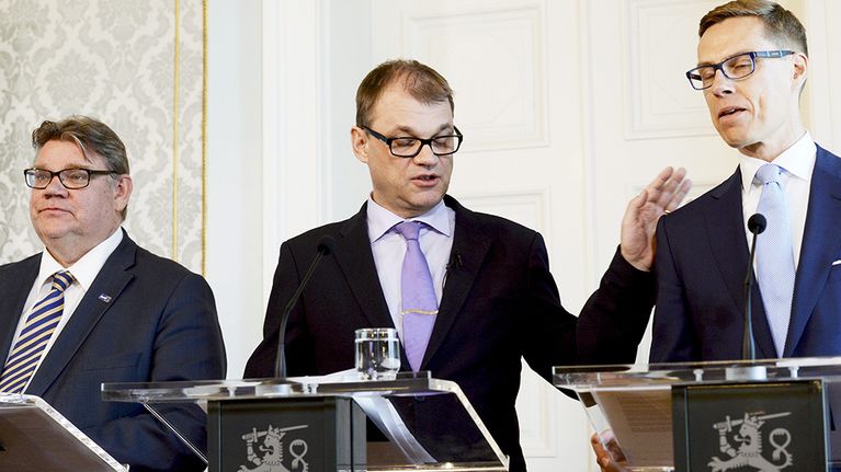 Timo Soini, Juha Sipilä ja Alexander Stubb.