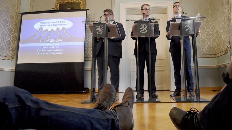 Timo Soini, Juha Sipila sekä Alexander Stubb.