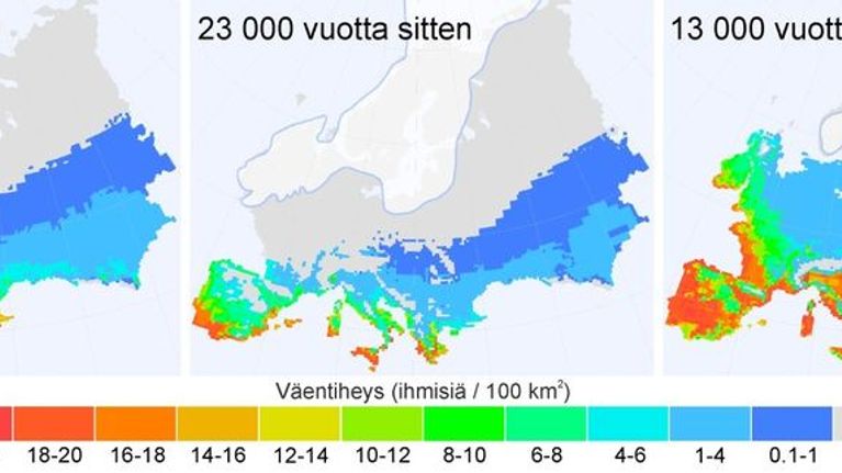Kartta Euroopan väentiheydestä ja mannerjäätikön muutoksista.