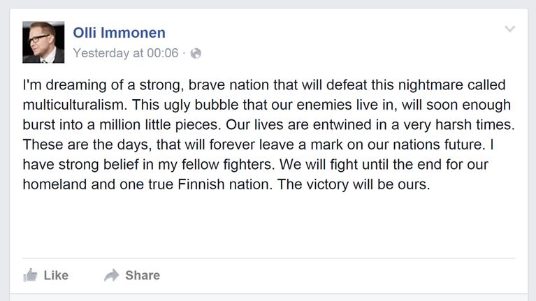 Kuvakaappaus Olli Immosen kirjoituksesta Facebookissa.