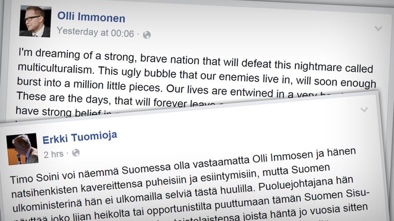 Kuvakaappaus Olli Immosen ja Erkki Tuomiojan kirjoituksista Facebookissa.