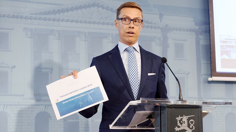  Alexander Stubb esittelee vuoden 2016 budjettiehdotusta Helsingissä.