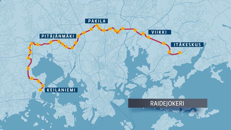 Raide-Jokerin linja Keilaniemestä Pitäjänmäen, Pakilan ja Viikin kautta Itäkeskukseen.