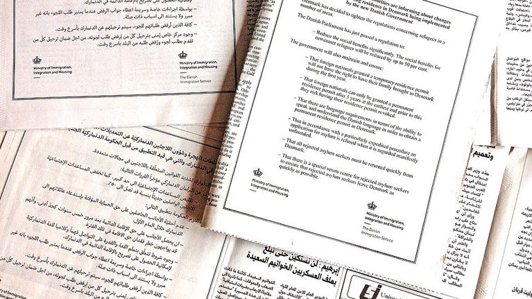 Tanskan integraatioministeriön lehti-ilmoitukset libanonilaislehdissä 7.9.2015.