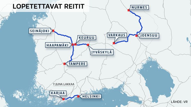 Kartta lopetettavista junareiteistä.