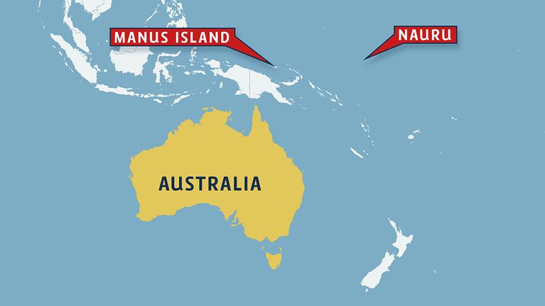 Kartta, jossa näkyvät Naurun ja Manus Island:in sijainnit suhteessa Australiaan.