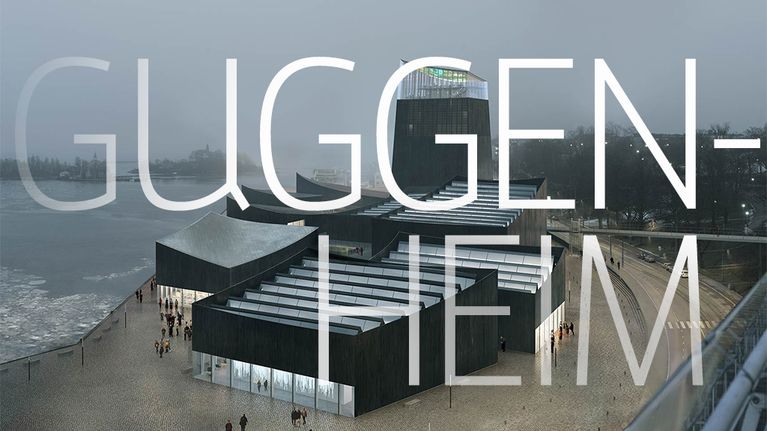 Visualisointi GH-04380895 -rakennuksesta, jonka päällä teksti Guggenheim.
