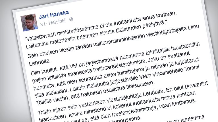 Kuvakaappaus Jari Hanskan Facebook-sivulta.