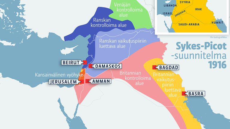 Kartta Sykes-Picot-suunnitelmasta.