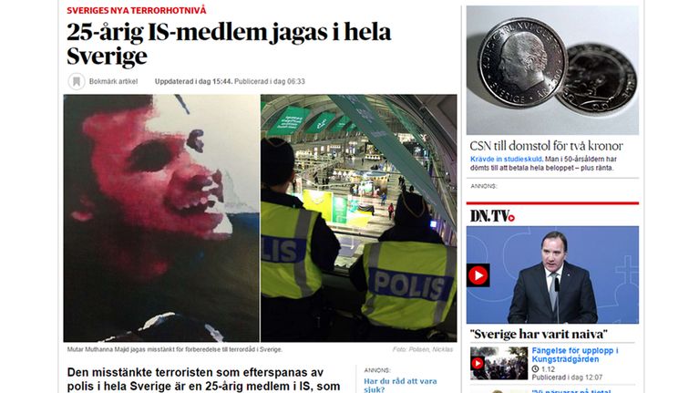 Kuvakaappaus Dagens Nyheterin terroristijahti-jutusta