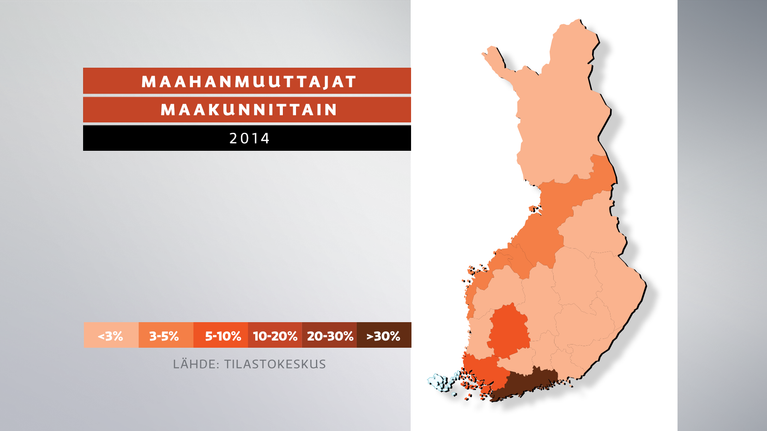 Maahanmuuttajien sijoittuminen maakunnittain. Prosenttiosuudet laskettu maahanmuuttajien koko määrästä.