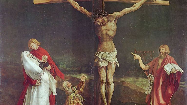 Issenheimin alttaritaulun keskipaneeli. Jeesus ristillä.