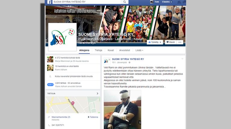 Kuvakaappaus Suomen Syyria-yhteisön Facebook-sivuilta. 