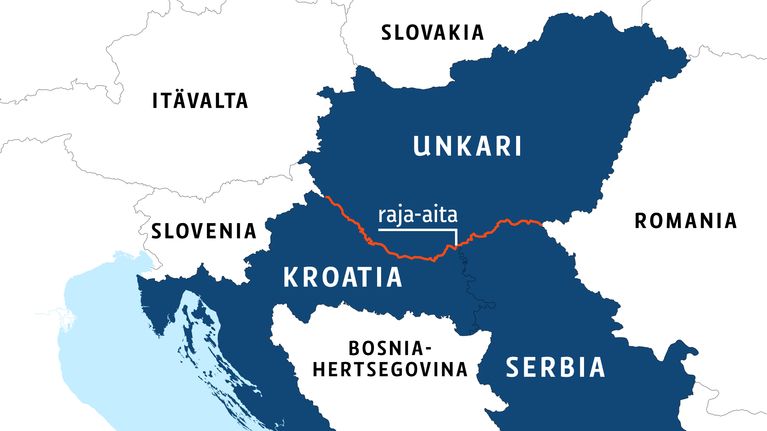 Kartta Unkarin, Serbian ja Kroatian välisestä aidasta.