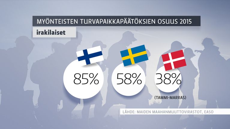 Myönteisten turvapaikkapäätösten osuus Suomessa, Ruotsissa ja Tanskassa vuonna 2015.