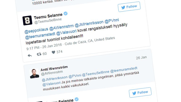 Kuvakaappaus Teemu Selänteen tweetistä.