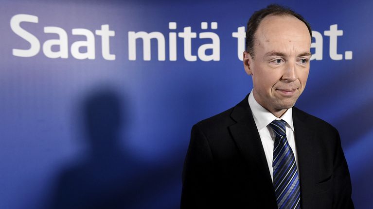 Jussi Halla-aho perussuomalaisten tiedotustilaisuudessa Helsingissä.