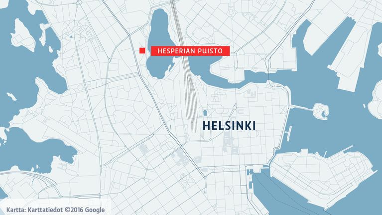 Kartassa näkyy Hesperian puiston sijainti lähellä Helsingin keskusta-alueella.