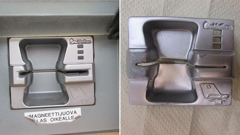 Alkuperäinen kortinlukija ja sen päälle asennettu väärä lukija, joka taltioi maksukortin tiedot.