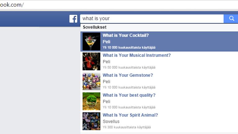 Kuvakaappaus Facebookista, jossa näkyy lista erilaisia testejä.
